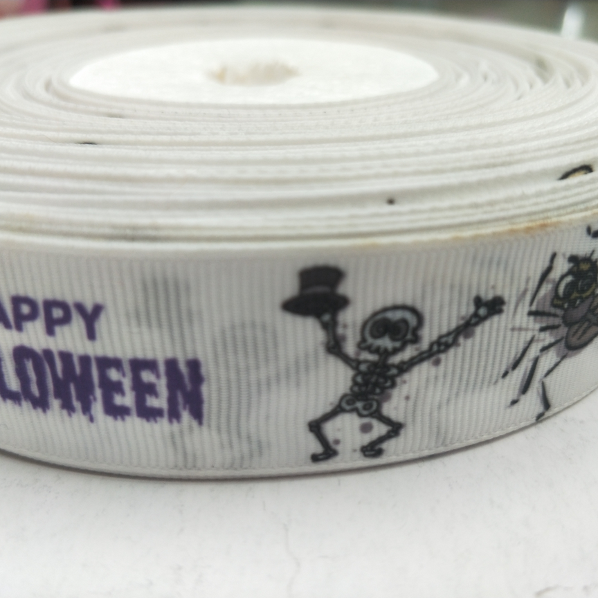 2.5CM螺纹带数码印刷 DIY制作 万圣节系列 白底3只骷髅头