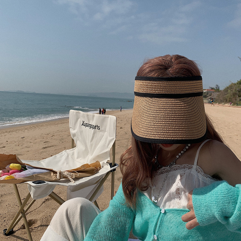 网红可折叠空顶帽遮阳帽夏季百搭防晒草帽女夏新款海边度假沙滩帽白底实物图