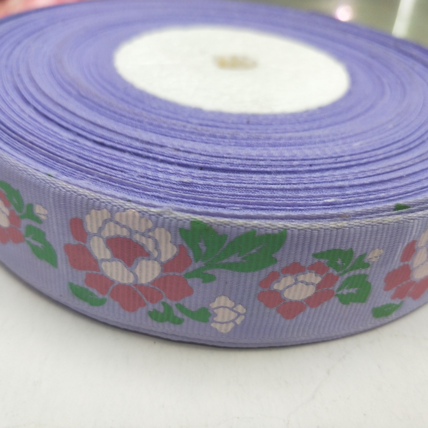 2.5CM螺纹带丝印 DIY制作 紫底白花心玫红花瓣绿叶