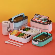 304不锈钢双层带提手保温饭盒带餐具便携便当盒多层午餐盒1400ML