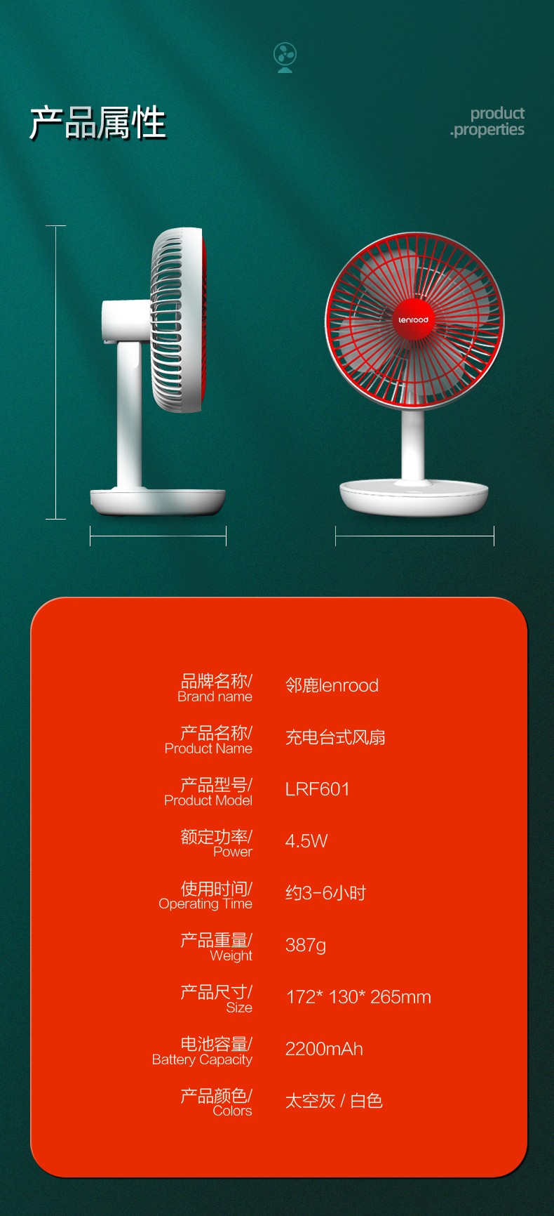 lenrood邻鹿电风扇家用静音小台扇无线USB充电迷你电扇601详情图6