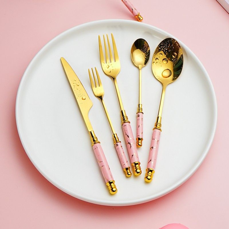 新款不锈钢咖啡勺水果叉北欧餐勺甜品叉子陶瓷手柄西餐刀叉勺定制图