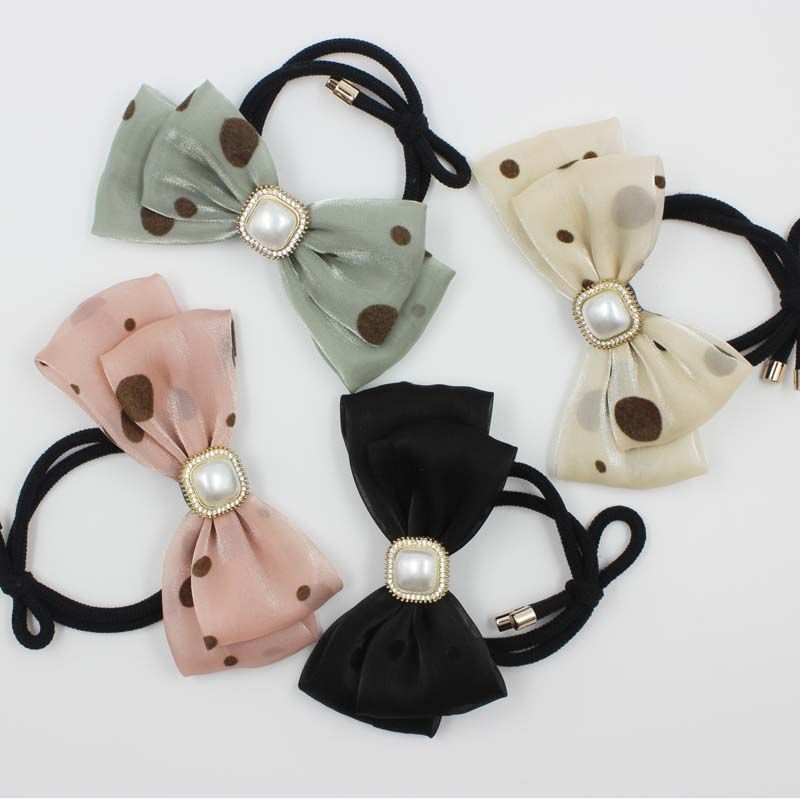 夏季韩国新款气质波点珠光欧根纱蝴蝶结发绳扎马尾头绳发圈