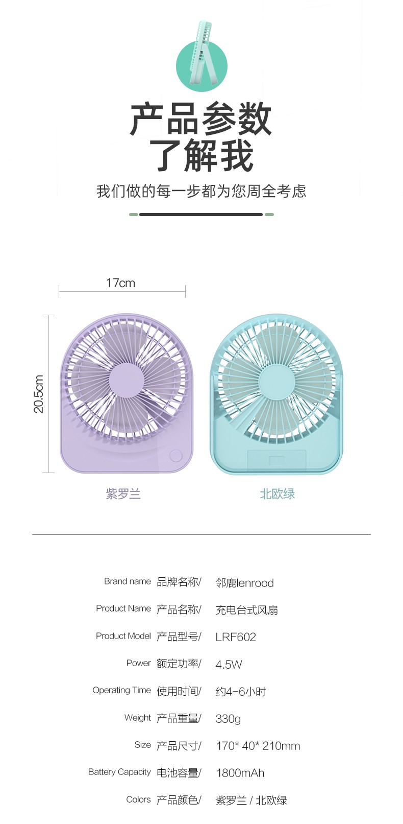 lenrood邻鹿电风扇家用静音小台扇小型无线USB充电迷你电扇602详情图3