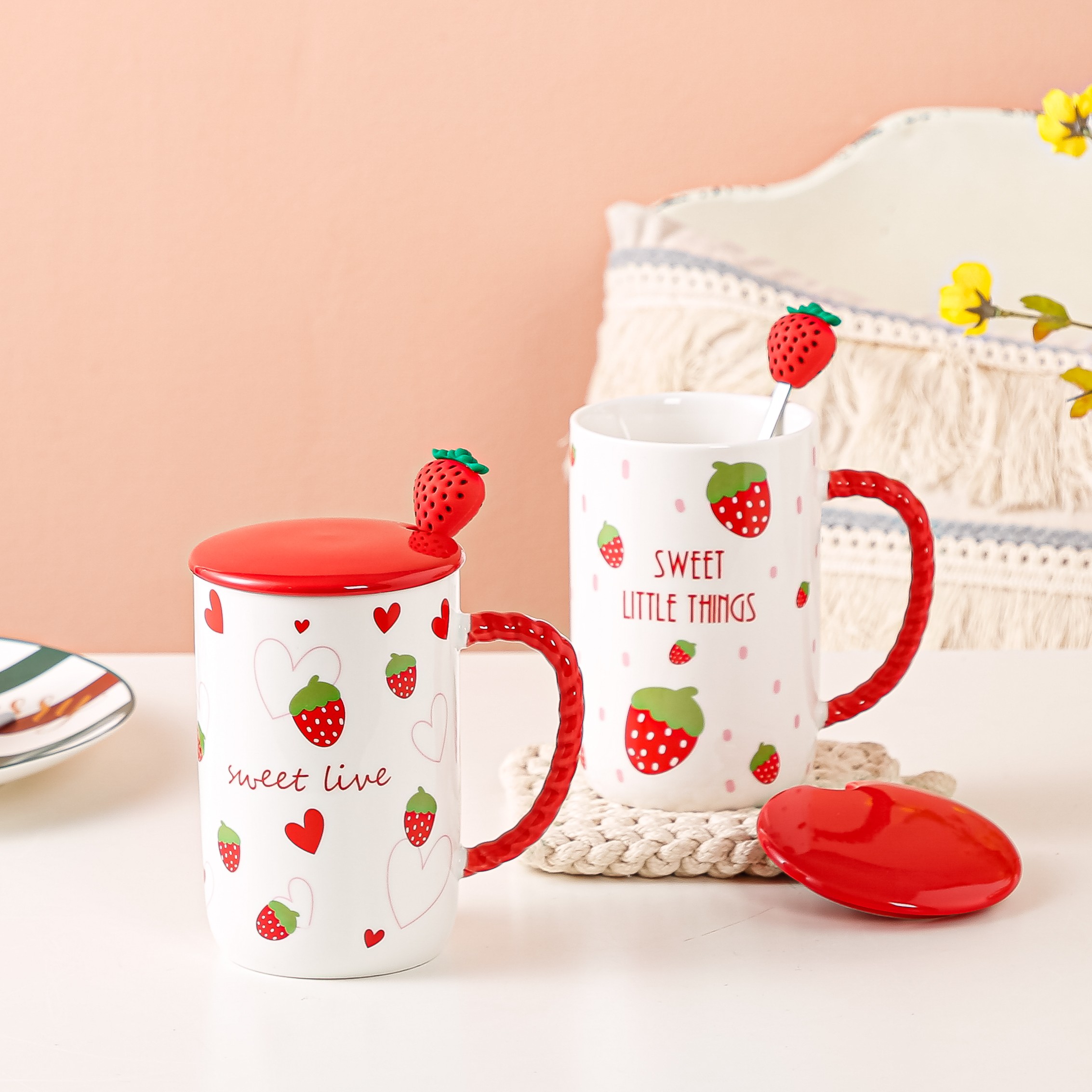Creative and cute little clear strawberry mug, ceramic milk cup, breakfast cup, ins simple large-capacity water cup, Zhuoqia 066 detail image 4