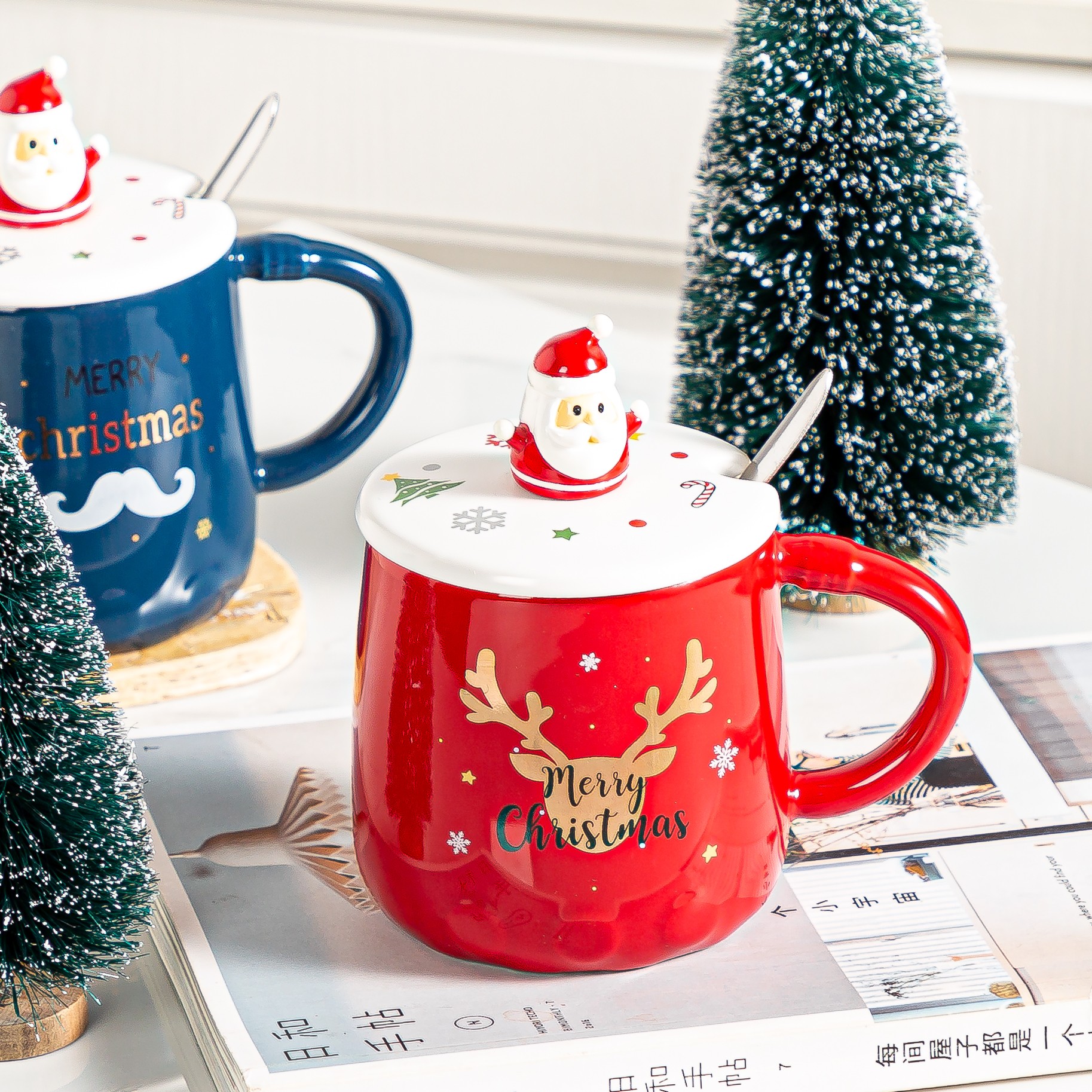 Santa Claus mug, creative cartoon big-bellied cup, custom logo, covered spoon ceramic cup, afternoon tea coffee cup, Zhuoqia 023 detail image 3