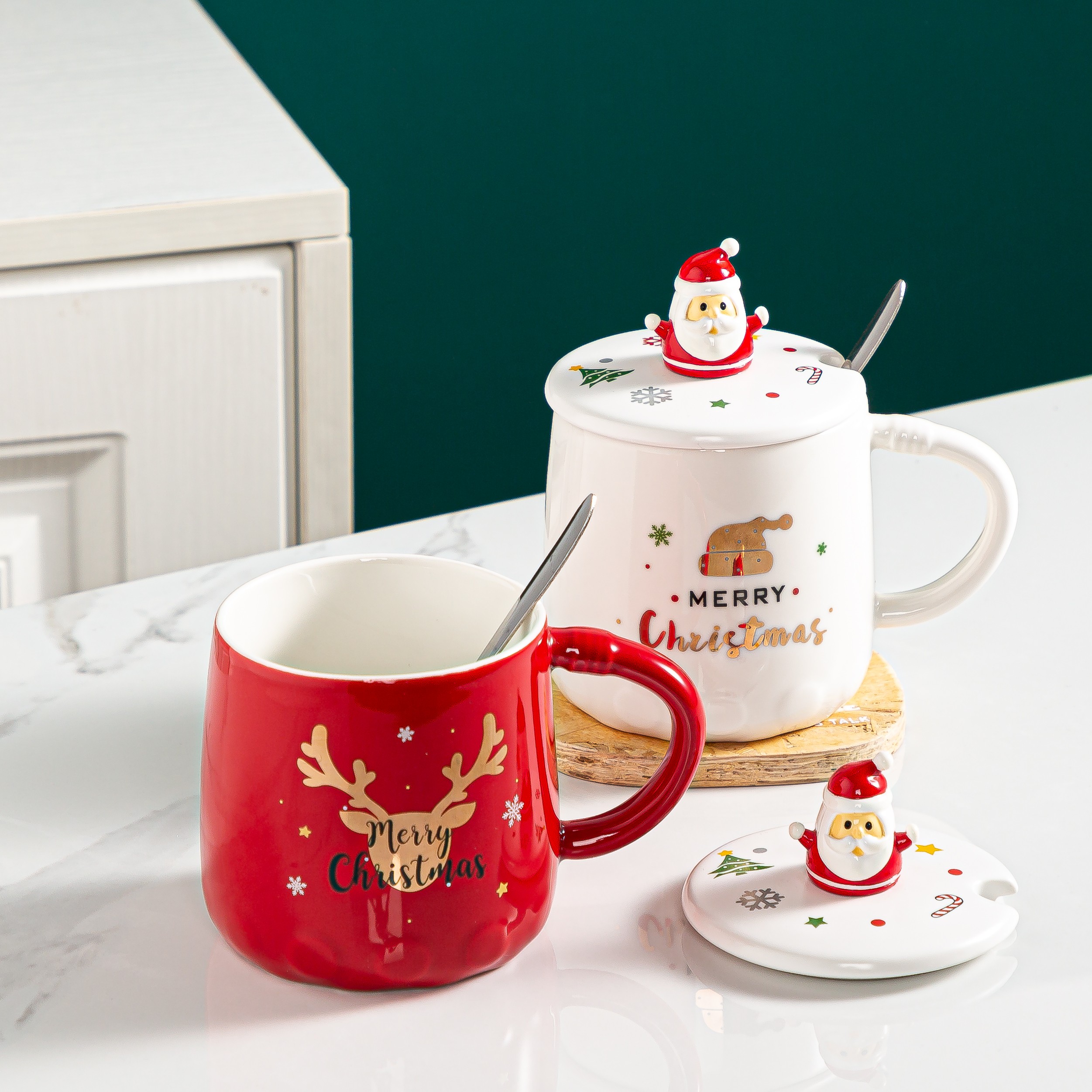 Santa Claus mug, creative cartoon big-bellied cup, custom logo, covered spoon ceramic cup, afternoon tea coffee cup, Zhuoqia 023 detail image 4