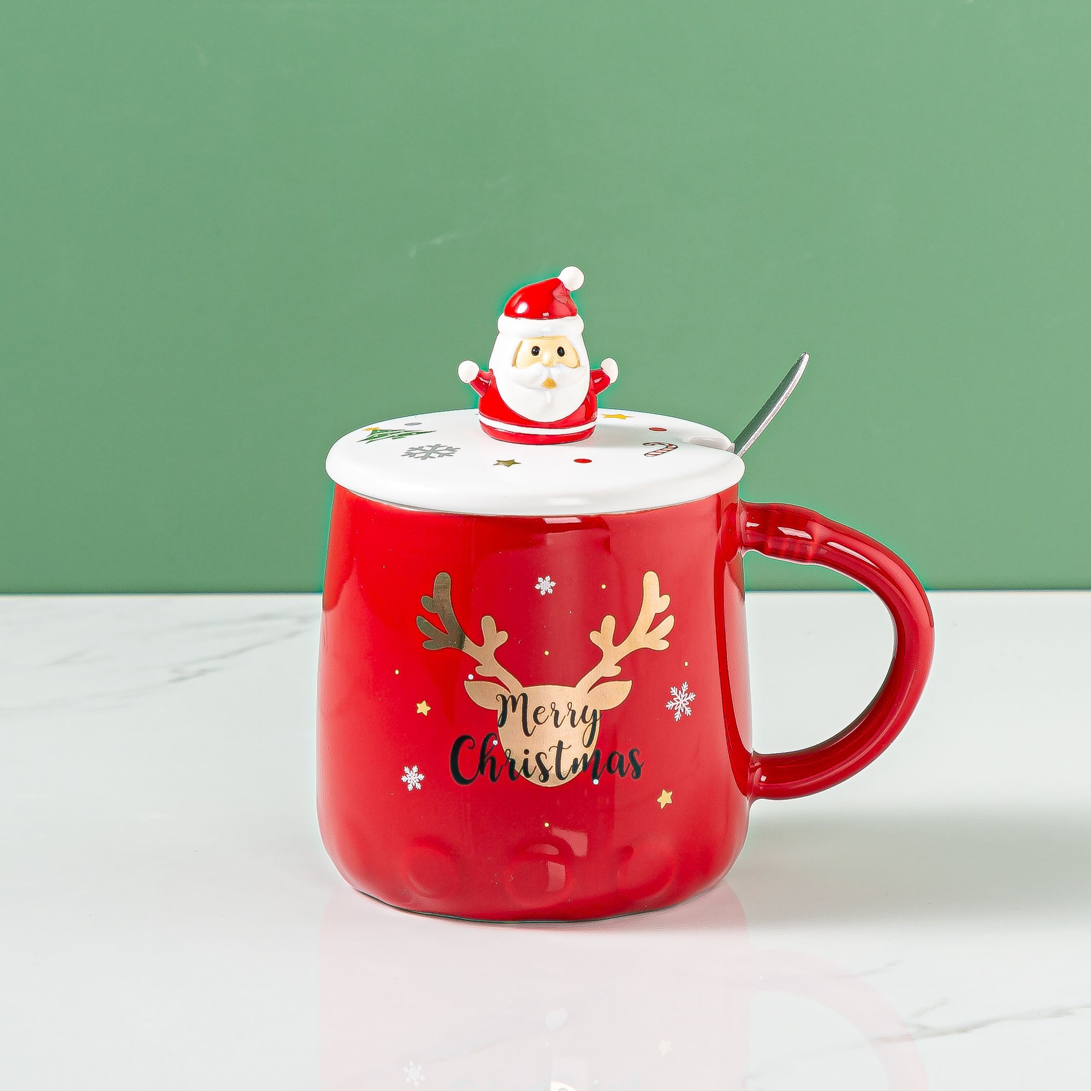 Santa Claus mug, creative cartoon big-bellied cup, custom logo, covered spoon ceramic cup, afternoon tea coffee cup, Zhuoqia 023 Item Picture