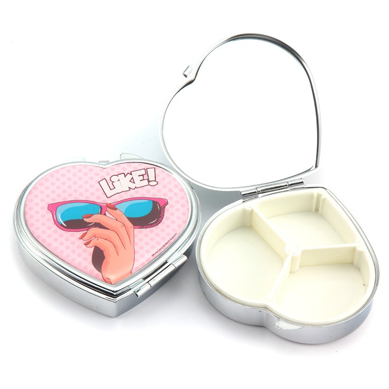 心形药盒三格药盒化妆镜随身携带迷你药盒镜子详情图4