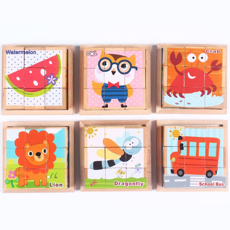 Wholesale wooden cartoon fruit and animal three-dimensional puzzle building blocks, six-sided drawing small toys for children's intelligence and early education Application Scenario