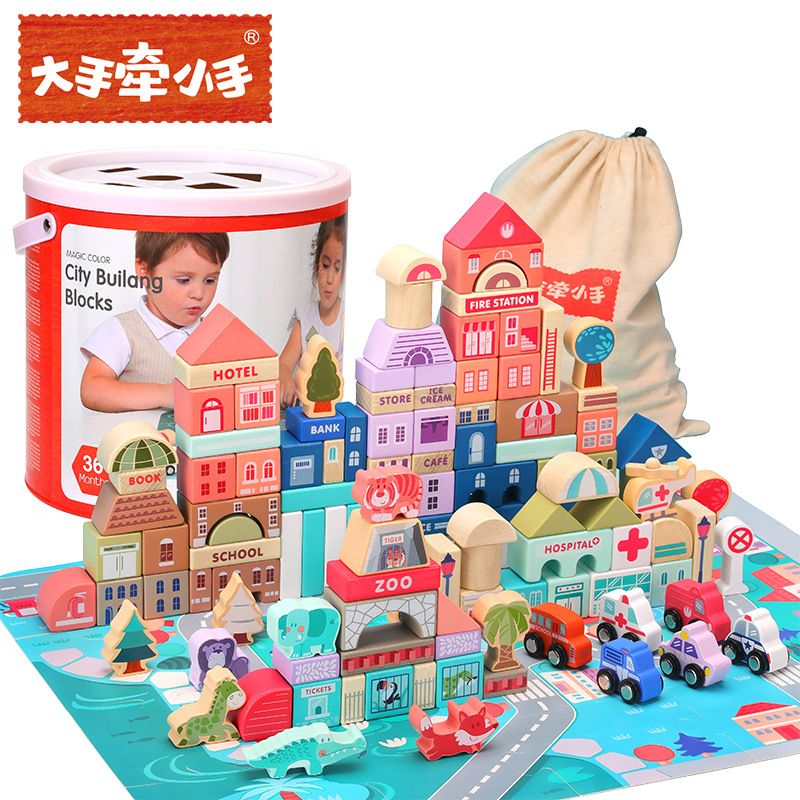 115-piece macaron city scene bucket large animal building blocks for the enlightenment and intelligence of building blocks Item Picture