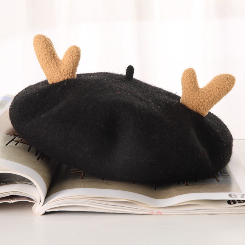 Children's wool antler cartoon beret, children's hat, soft-brimmed fisherman's hat, cute winter warm hat, children's hat detail image 1