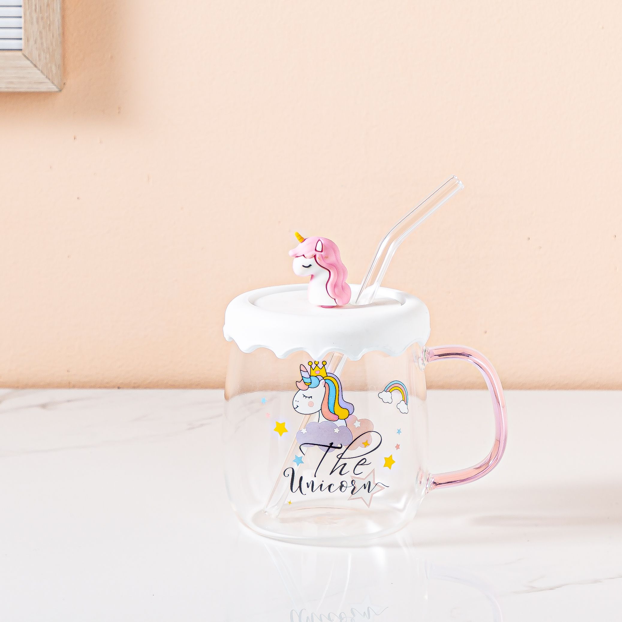 Creative cartoon cute glass cup, ins fresh and clean unicorn transparent water cup with straw, home breakfast cup, Zhuoqia 033 Item Picture