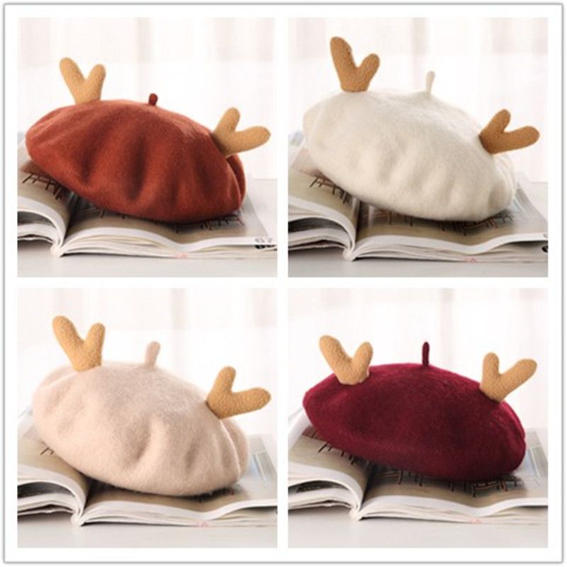 Children's wool antler cartoon beret, children's hat, soft-brimmed fisherman's hat, cute winter warm hat, children's hat