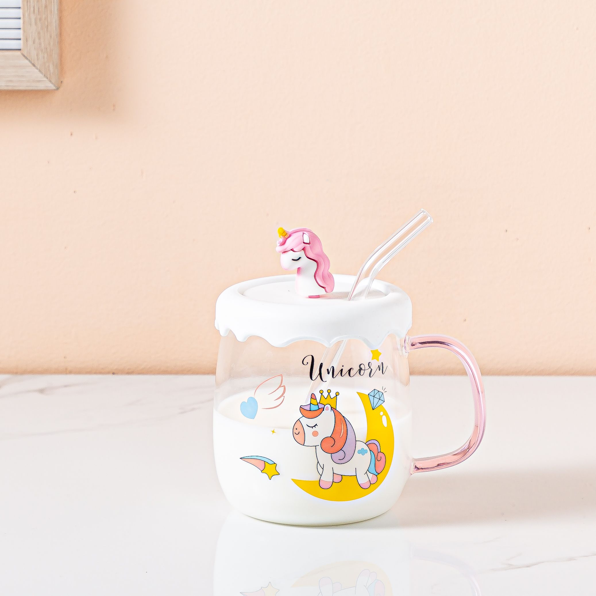 Creative cartoon cute glass cup, ins fresh and clean unicorn transparent water cup with straw, home breakfast cup, Zhuoqia 033 Application Scenario