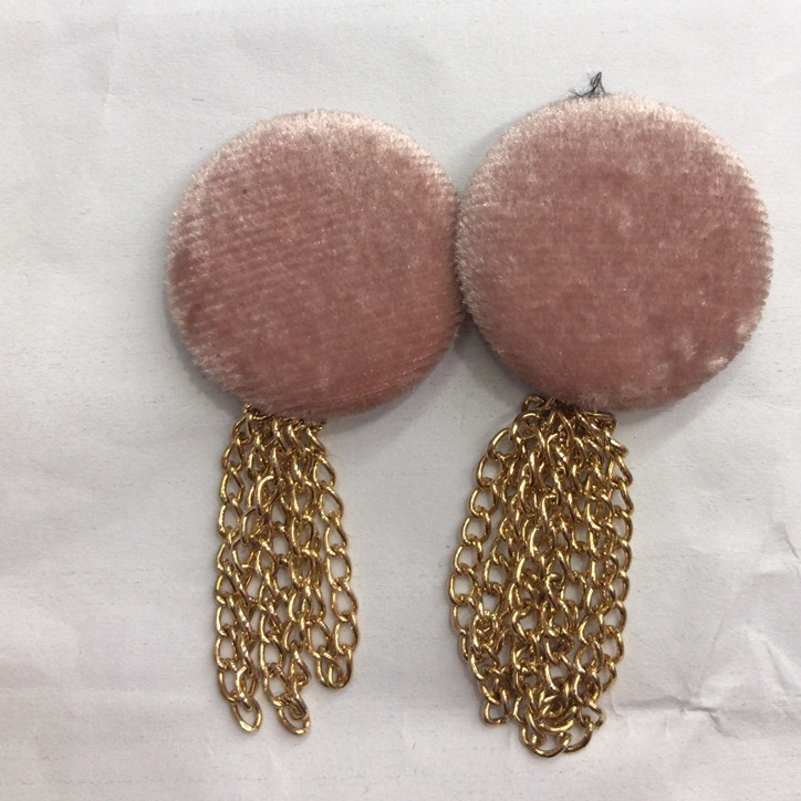 个性简约流苏耳环复古气质晚宴丝绒粉色圆形耳钉耳环图