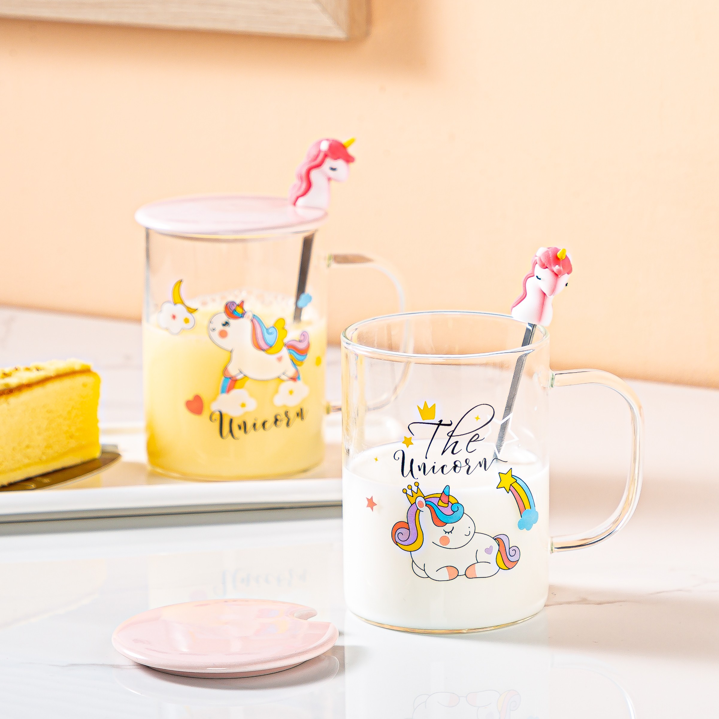 Ins-style unicorn cartoon glass cup, breakfast milk cup with lid, spoon glass cup, juice drink cup, Zhuoqia 069 detail image 7