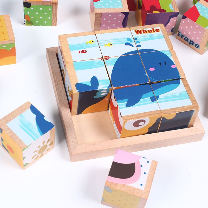 Wholesale wooden cartoon fruit and animal three-dimensional puzzle building blocks, six-sided drawing small toys for children's intelligence and early education Specification image