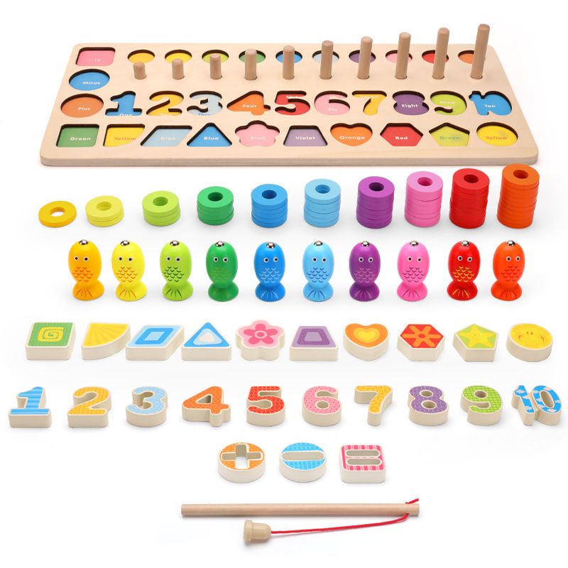Children's educational toy five-in-one logarithmic board number operation fishing shape matching toy jigsaw puzzle board details Picture