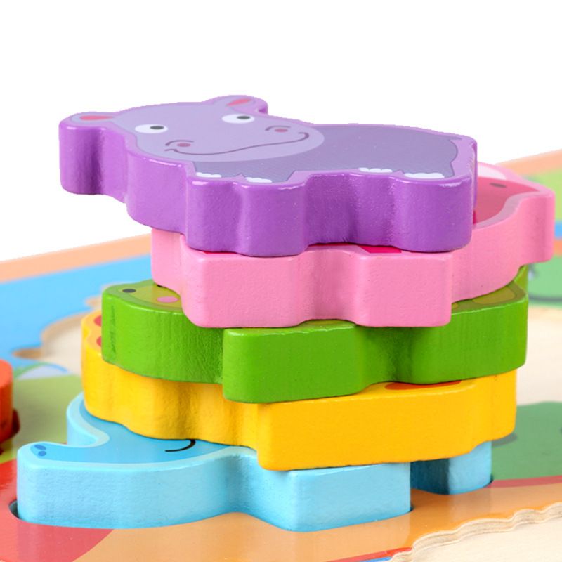Large-sized children's wooden three-dimensional animal jigsaw puzzle board, wooden beneficial intelligence baby early education building block toy 0.4 Specification image