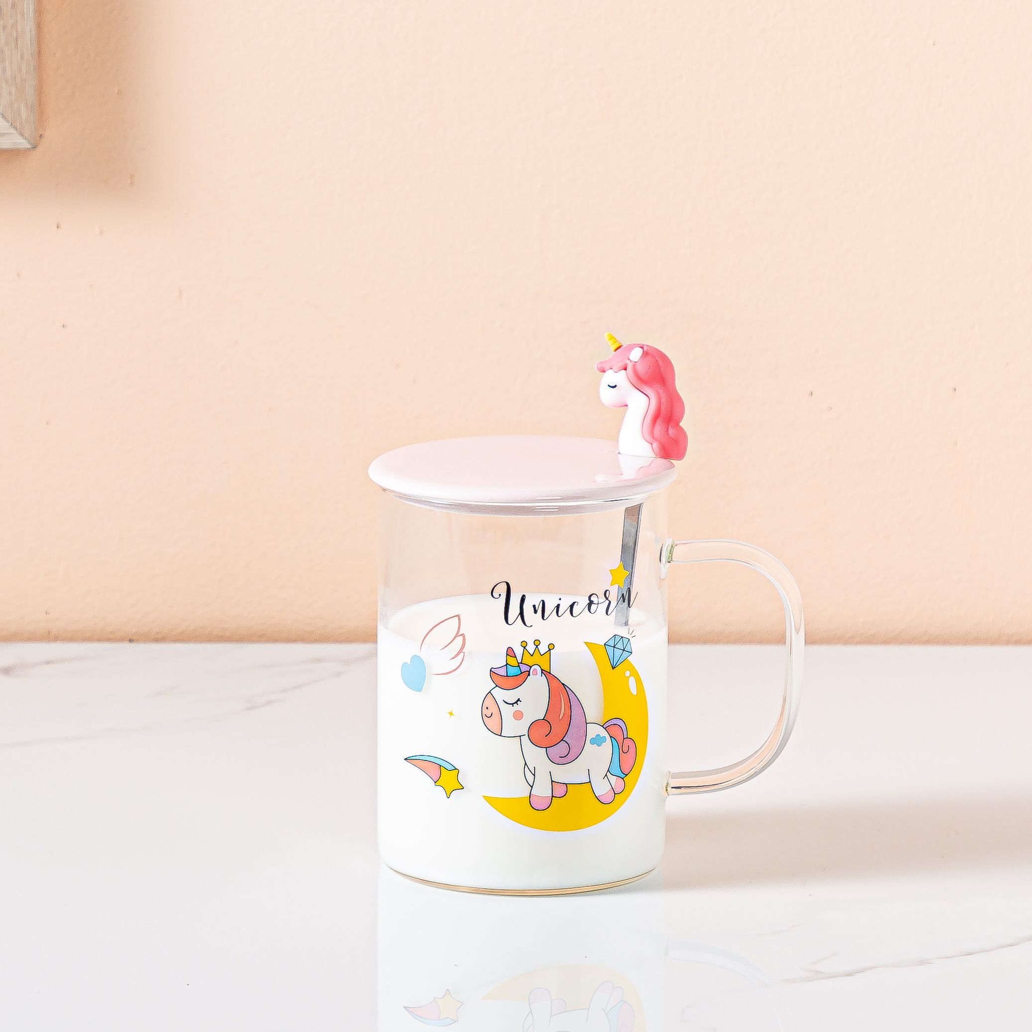 Ins-style unicorn cartoon glass cup, breakfast milk cup with lid, spoon glass cup, juice drink cup, Zhuoqia 069 details Picture