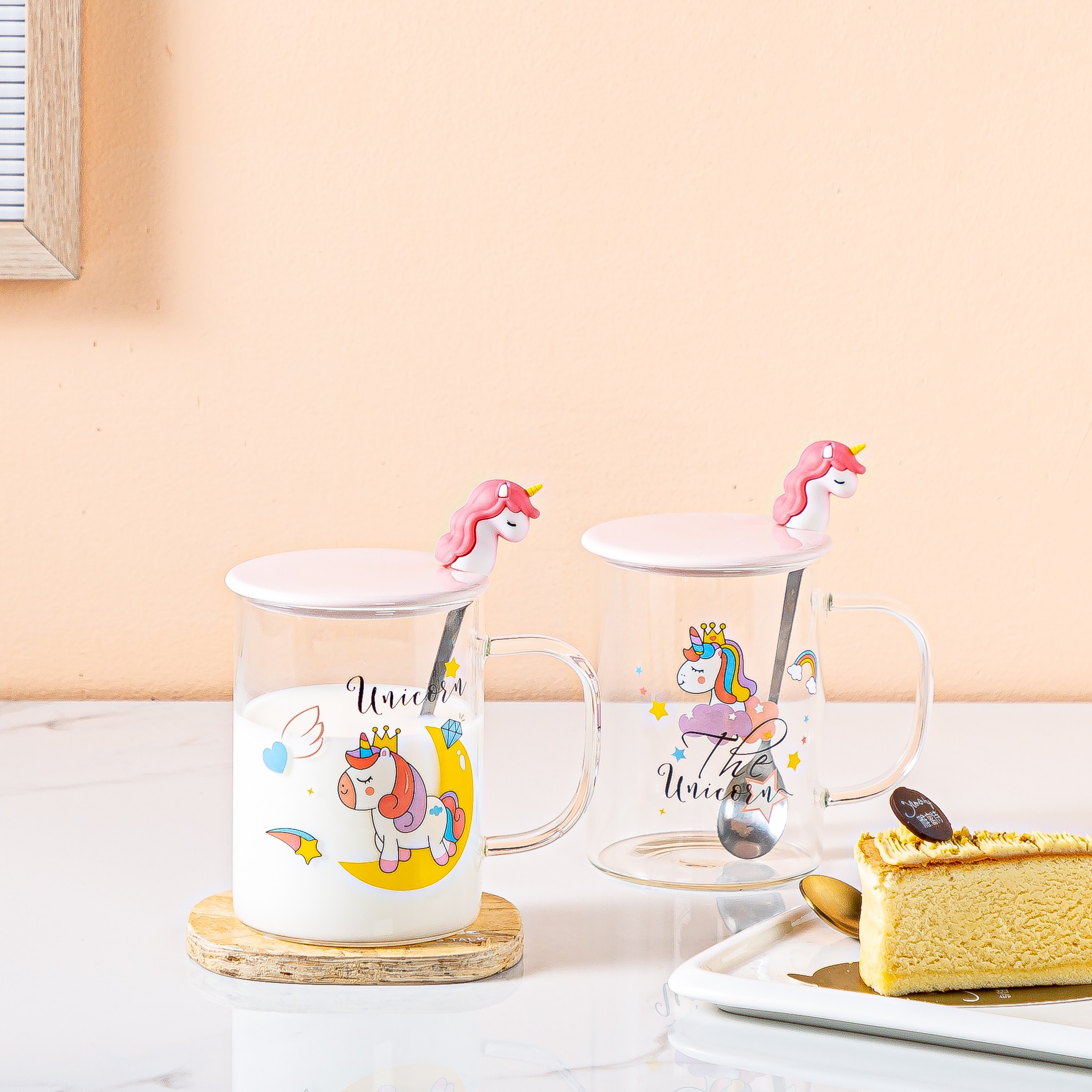 Ins-style unicorn cartoon glass cup, breakfast milk cup with lid, spoon glass cup, juice drink cup, Zhuoqia 069 detail image 6