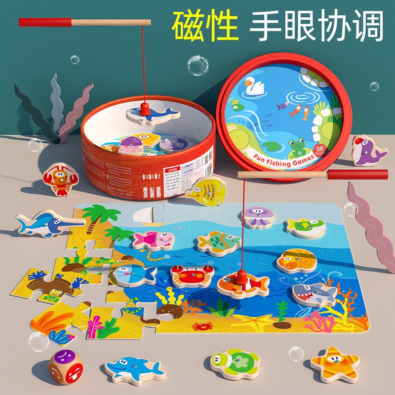 Big hand holding little hand fishing toy, ocean magnetic fishing bucket, double-sided printed educational children's wooden toy Application Scenario