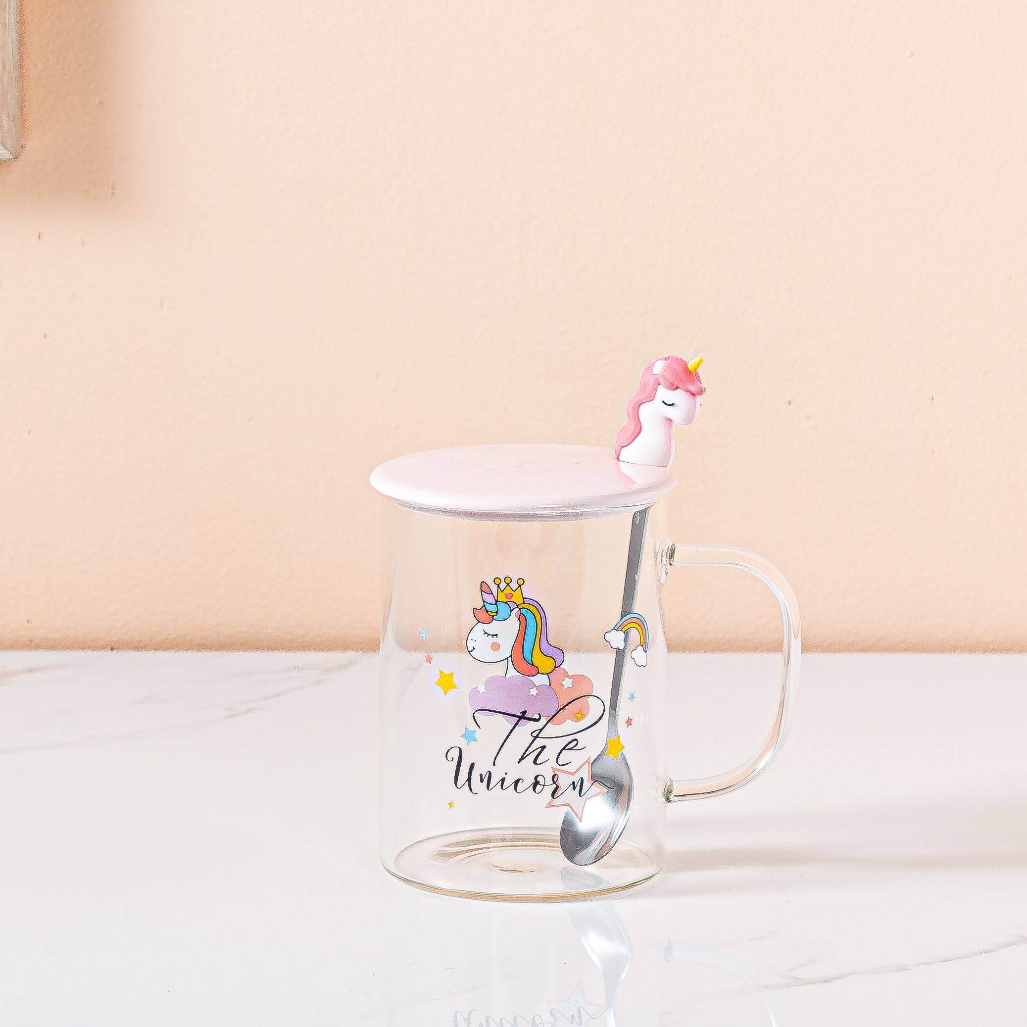 Ins-style unicorn cartoon glass cup, breakfast milk cup with lid, spoon glass cup, juice drink cup, Zhuoqia 069 Specification image