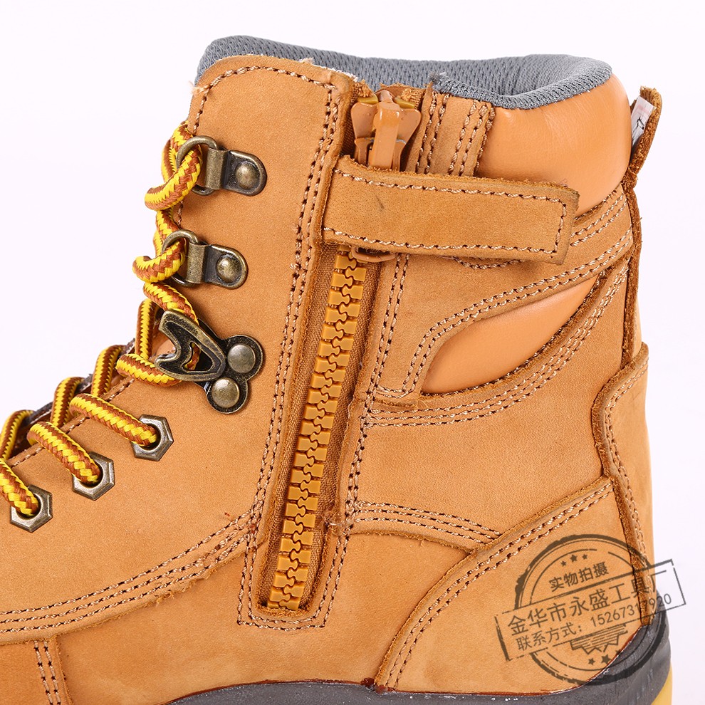 黄色牛巴皮高帮双钢防砸防刺穿劳保鞋详情图4