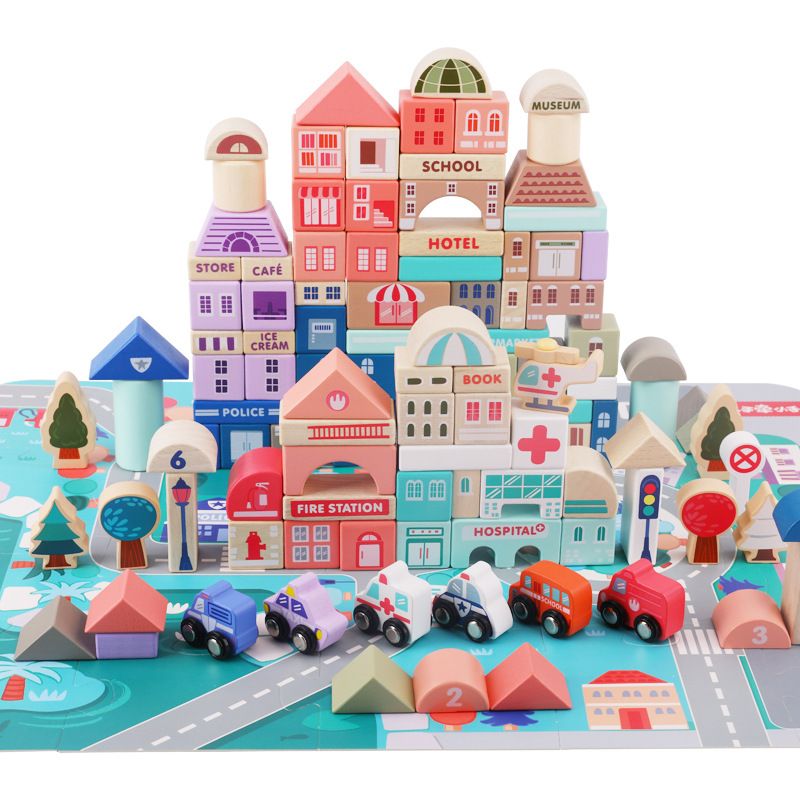 115-piece macaron city scene bucket large animal building blocks for the enlightenment and intelligence of building blocks