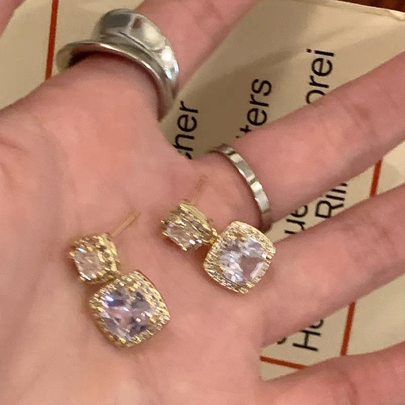 South Korea Micro Inset Zircon Fine Temperament Fashion Big Diamond Gold Plated Simple Trend Female Small Fairy Silver Needle Square Diamond Earrings full figure