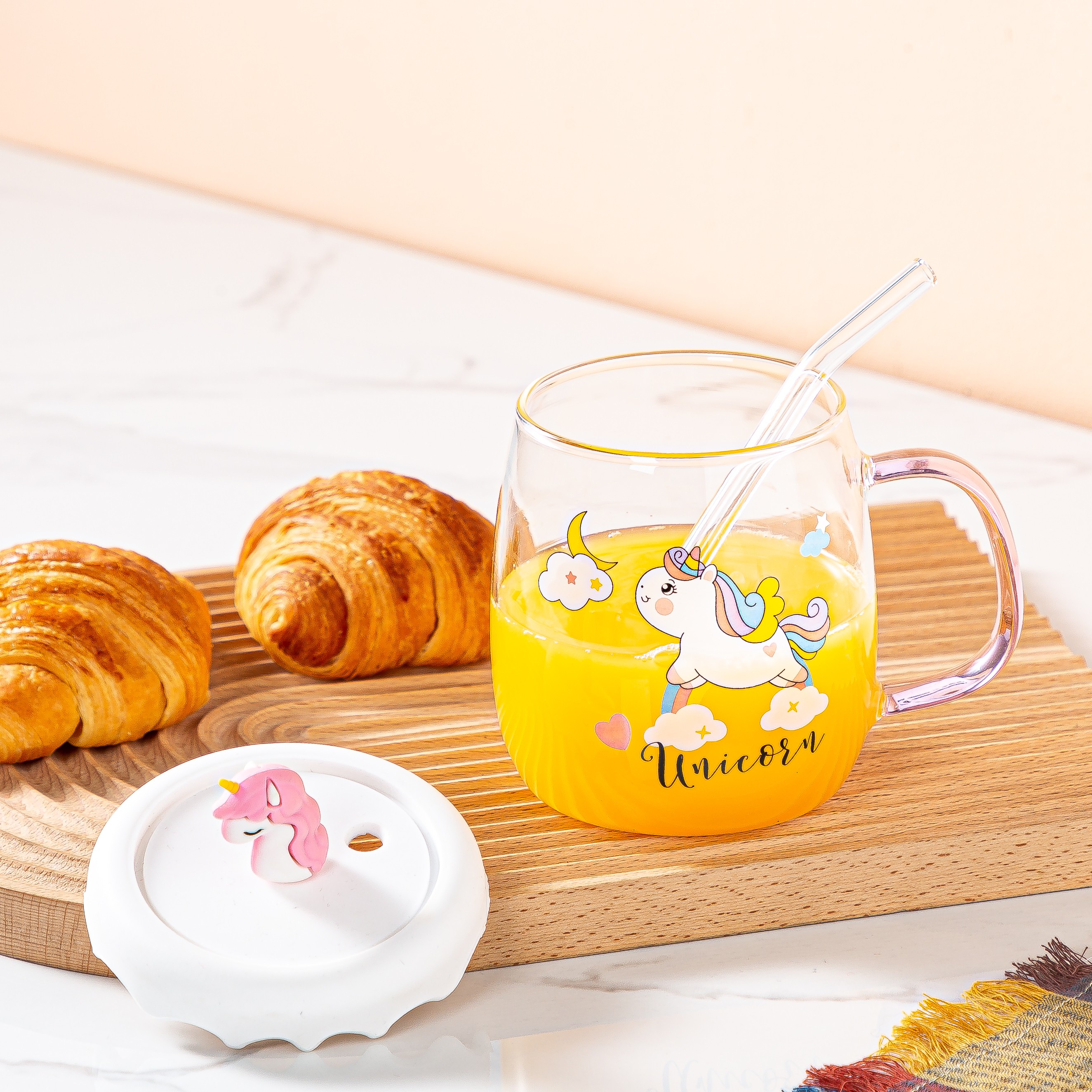 Creative cartoon cute glass cup, ins fresh and clean unicorn transparent water cup with straw, home breakfast cup, Zhuoqia 033 detail image 7