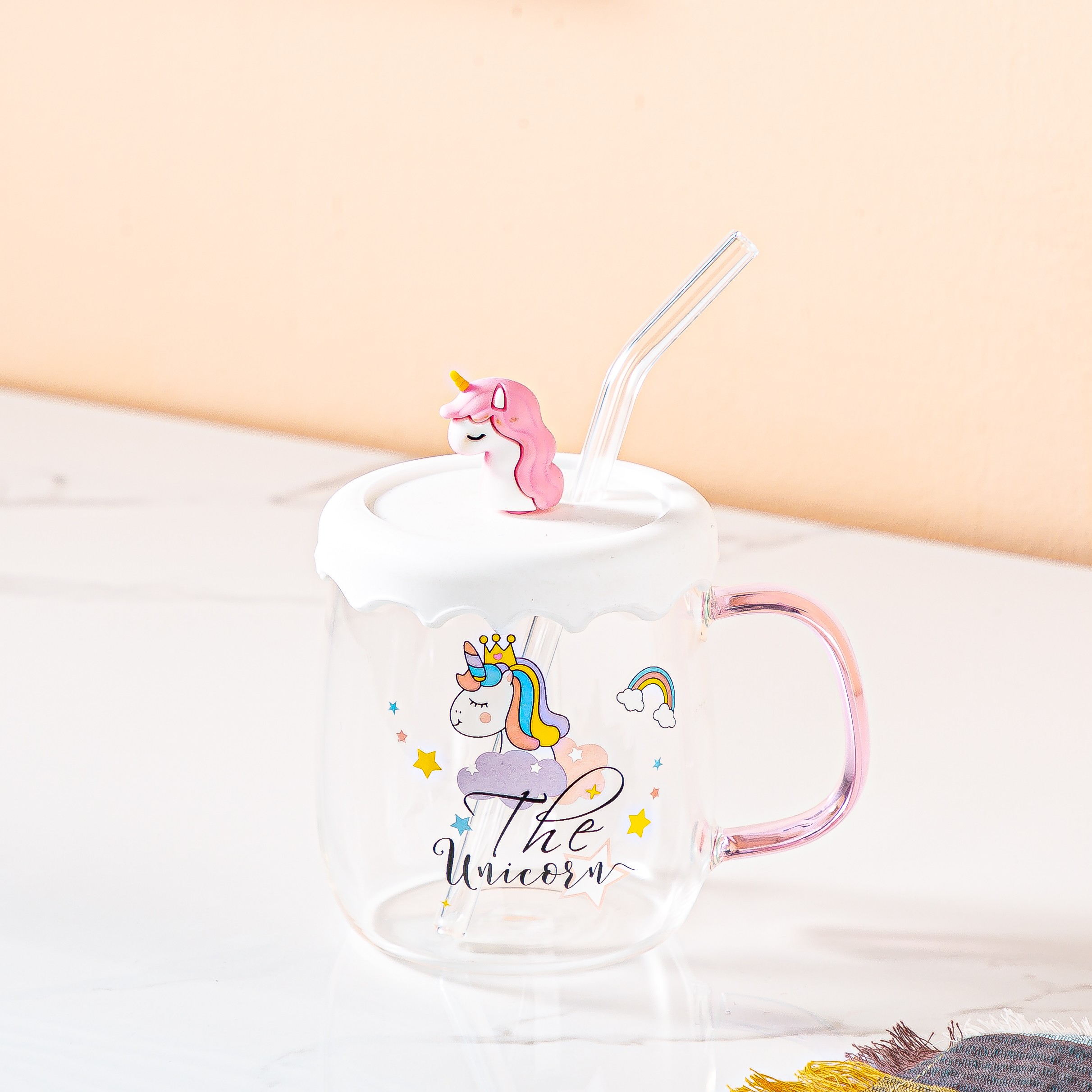 Creative cartoon cute glass cup, ins fresh and clean unicorn transparent water cup with straw, home breakfast cup, Zhuoqia 033 detail image 2