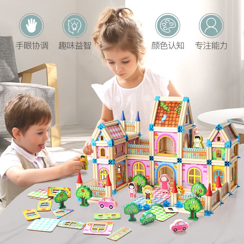 Colorful children's toys building wooden three-dimensional jigsaw wooden Mosaic model assembled house educational toys