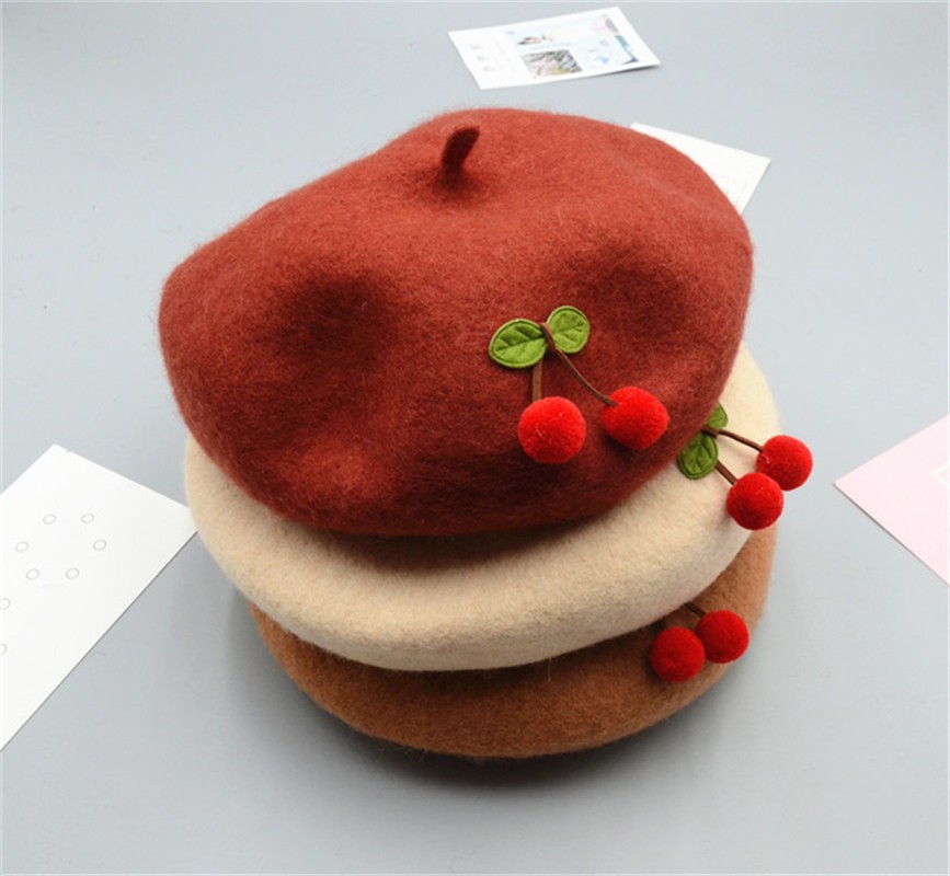 Children's cherry wool knitted berets, children's hats, soft-brim cartoon fisherman hats, winter fashionable warm hats, children's hats detail image 2