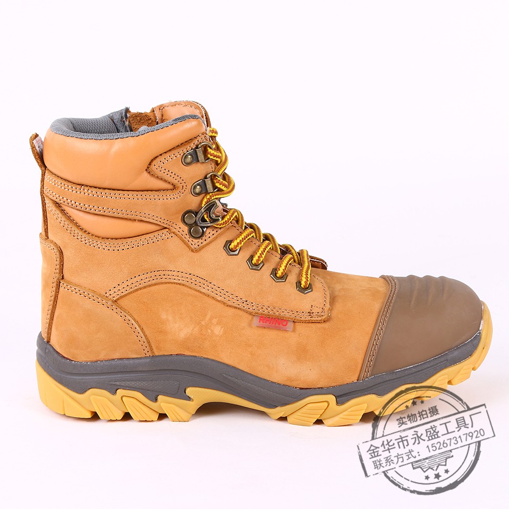 黄色牛巴皮高帮双钢防砸防刺穿劳保鞋详情图1