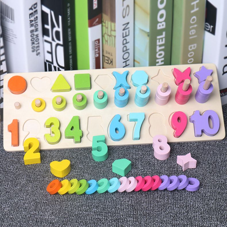 Digital shape matching set column logarithm board children's intelligence wooden early education building block toys, kindergarten mathematics teaching AIDS Specification image