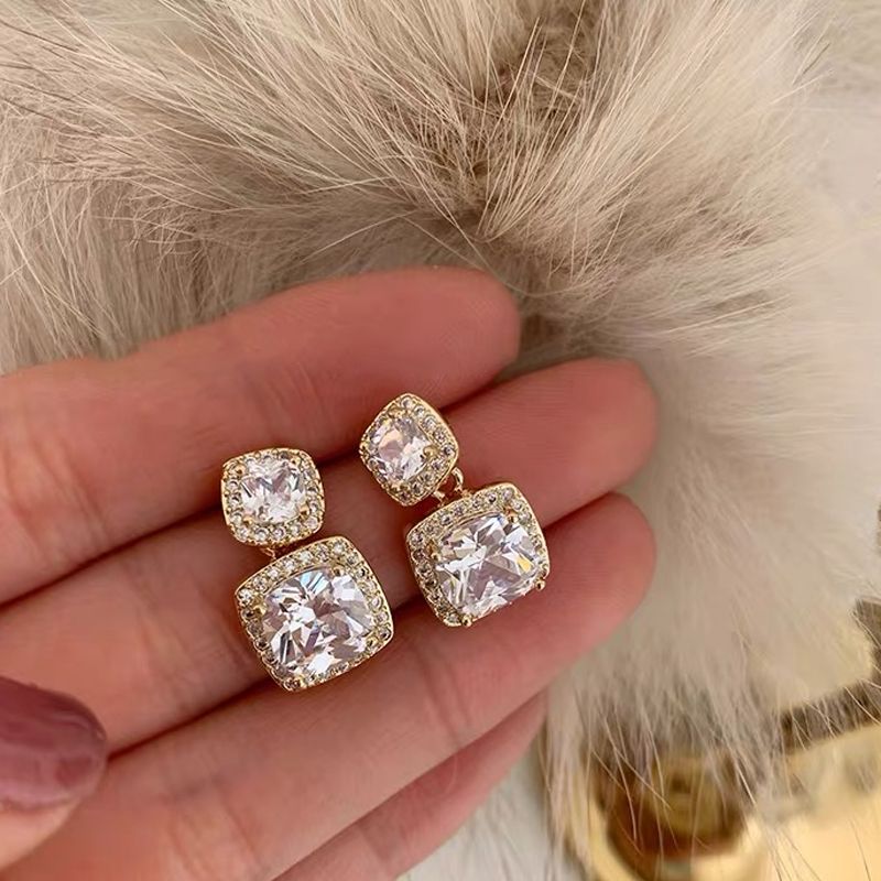 South Korea Micro Inset Zircon Fine Temperament Fashion Big Diamond Gold Plated Simple Trend Female Small Fairy Silver Needle Square Diamond Earrings