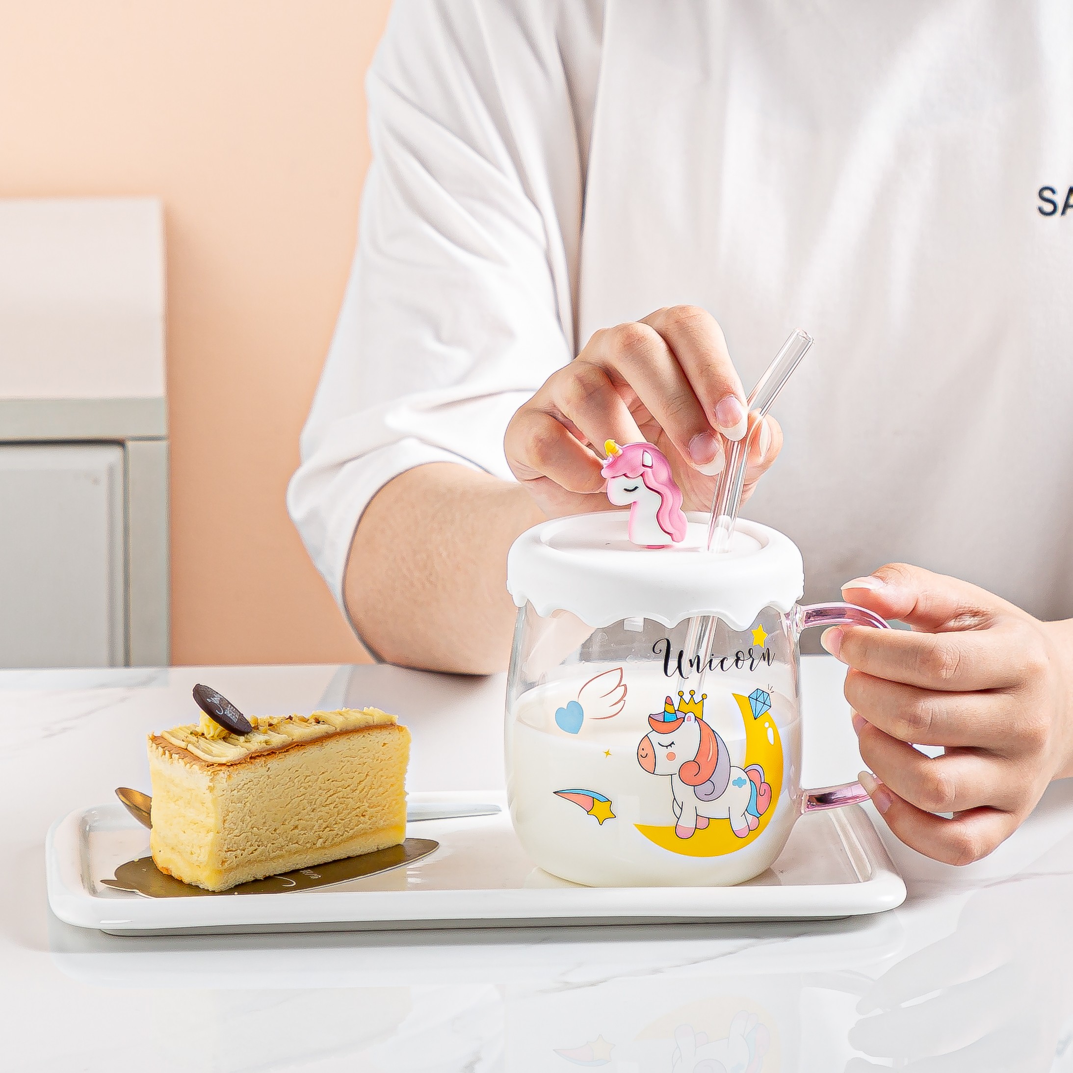 Creative cartoon cute glass cup, ins fresh and clean unicorn transparent water cup with straw, home breakfast cup, Zhuoqia 033 detail image 3
