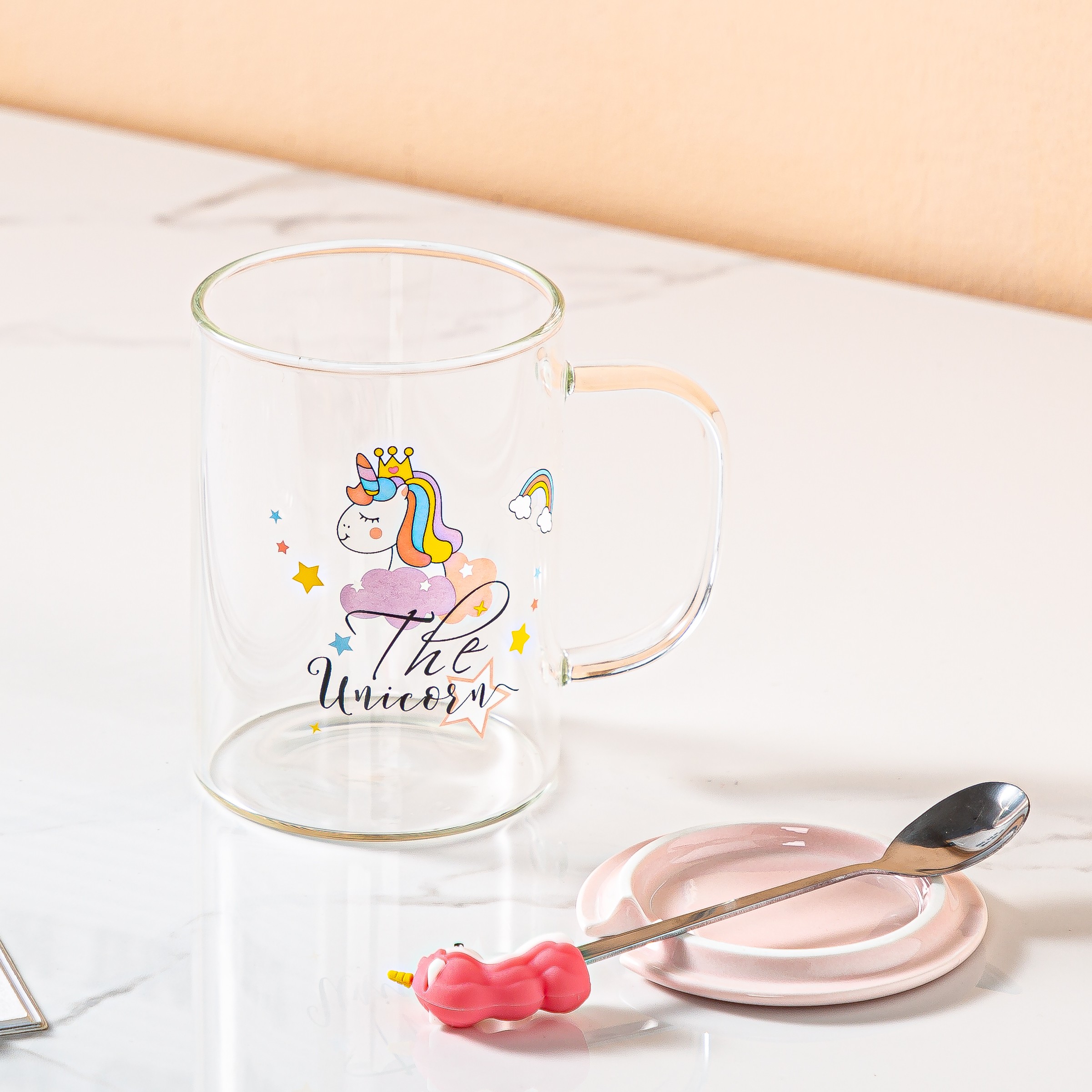 Ins-style unicorn cartoon glass cup, breakfast milk cup with lid, spoon glass cup, juice drink cup, Zhuoqia 069 detail image 4