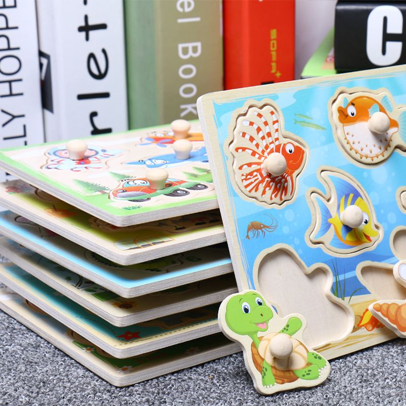 Children's hand-held board, digital letter, fruit, animal shape jigsaw puzzle, three-dimensional wooden board, wooden cognitive toy details Picture