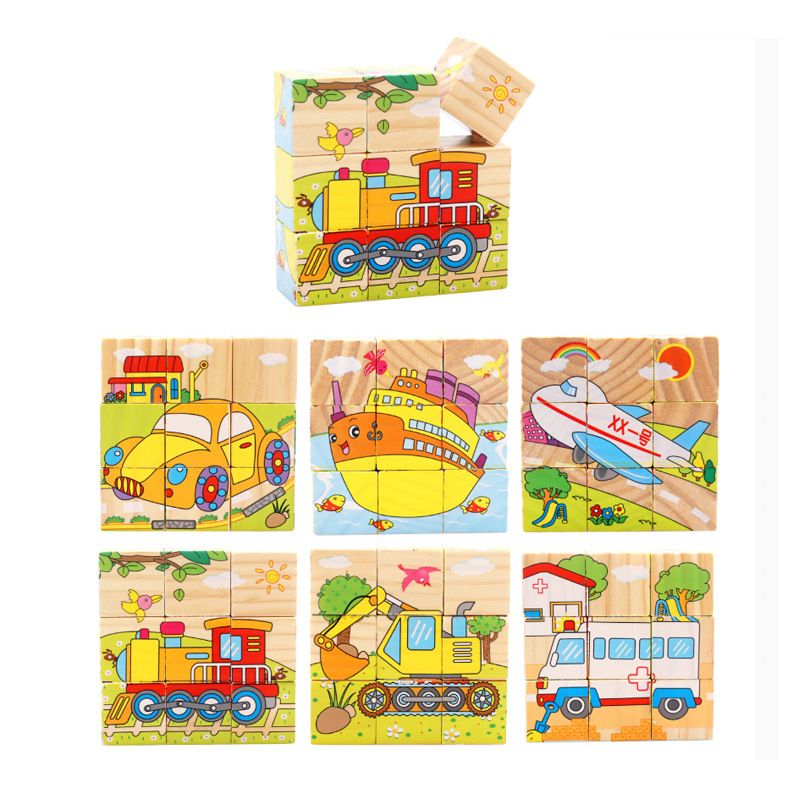 Wholesale wooden cartoon fruit and animal three-dimensional puzzle building blocks, six-sided drawing small toys for children's intelligence and early education
