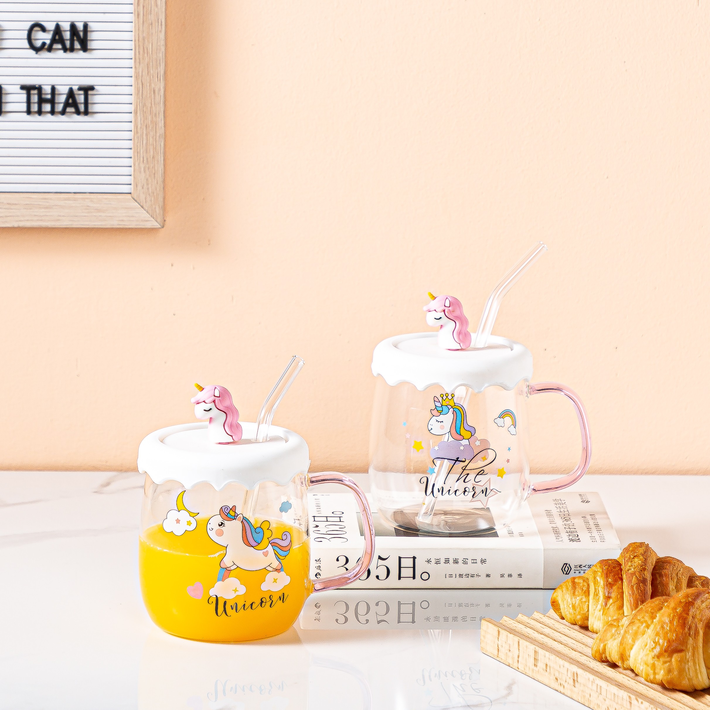 Creative cartoon cute glass cup, ins fresh and clean unicorn transparent water cup with straw, home breakfast cup, Zhuoqia 033 detail image 6