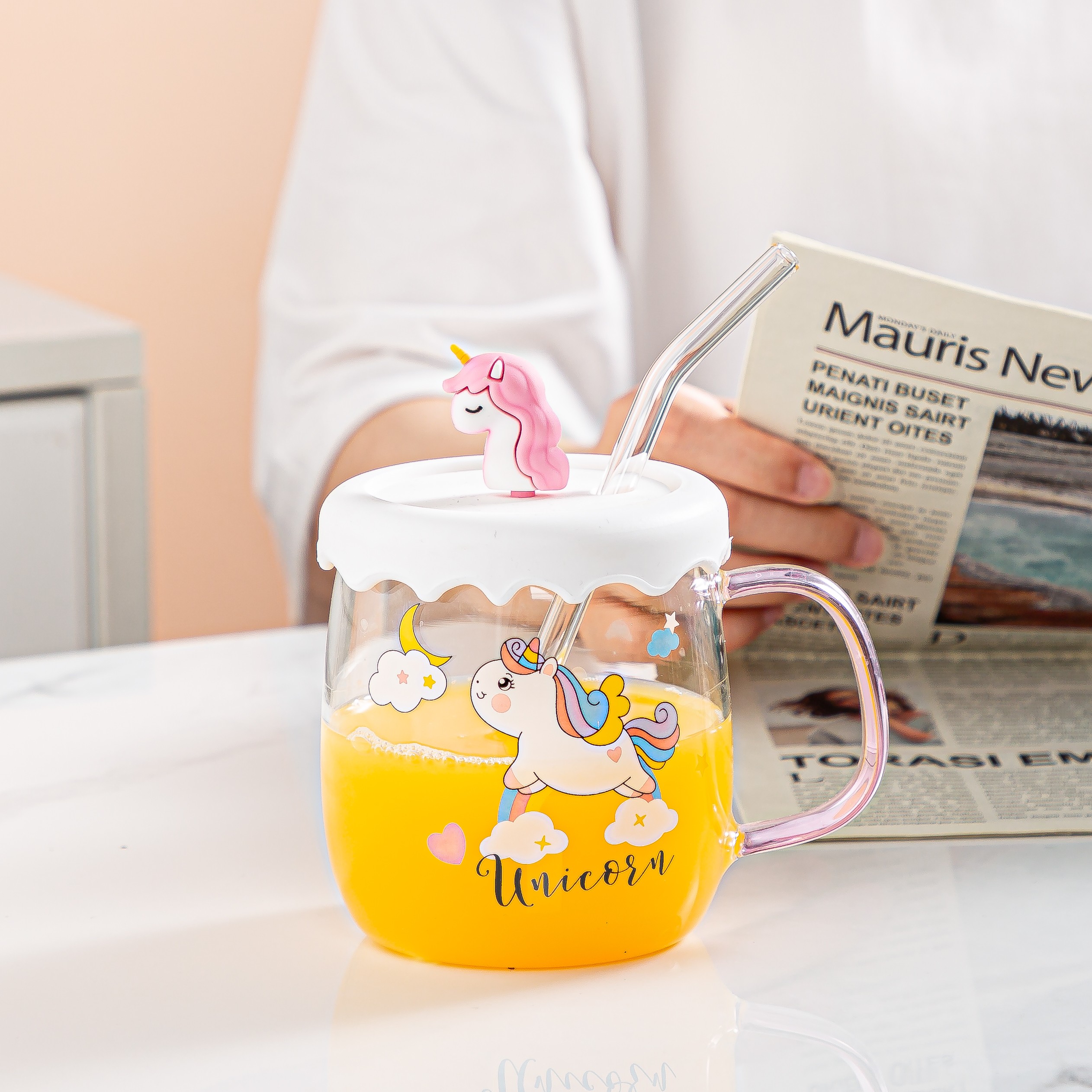 Creative cartoon cute glass cup, ins fresh and clean unicorn transparent water cup with straw, home breakfast cup, Zhuoqia 033 detail image 4