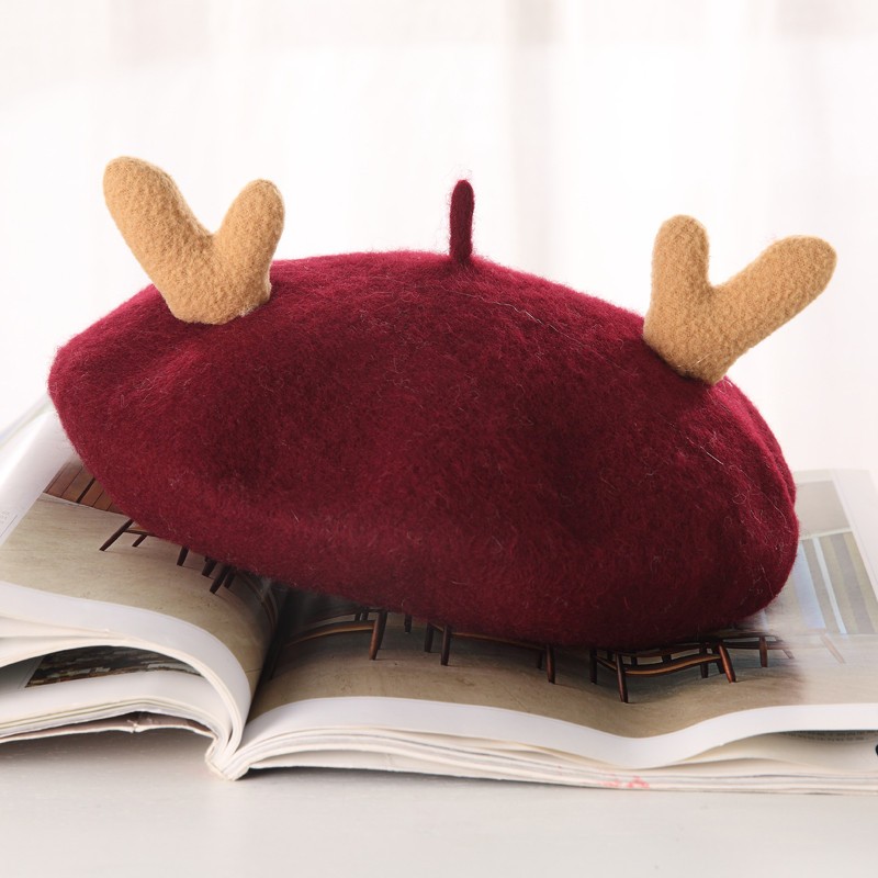 Children's wool antler cartoon beret, children's hat, soft-brimmed fisherman's hat, cute winter warm hat, children's hat detail image 2