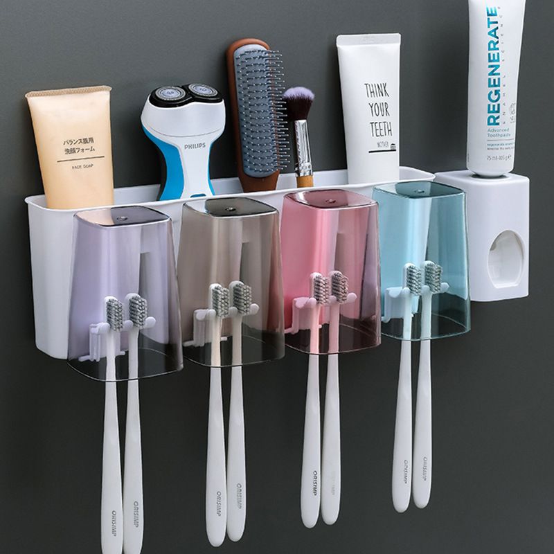免打孔家用组合牙刷架 卫生间沥水牙刷置物架漱口杯收纳挤牙膏器图