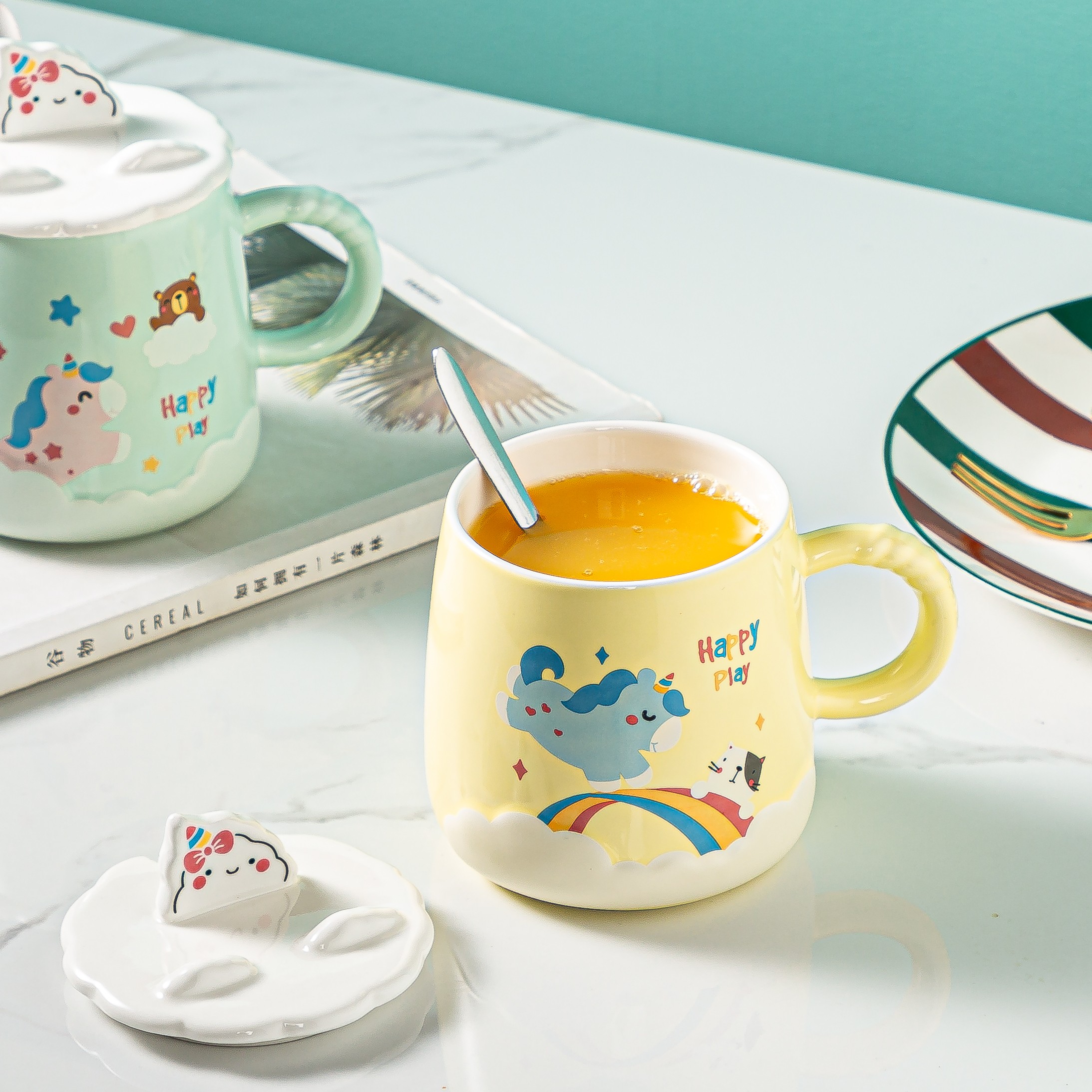 韩版创意可爱马克杯带盖勺少女学生陶瓷水杯闺蜜咖啡早餐杯家用卓洽057详情6