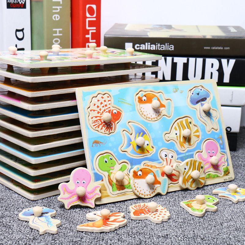 Children's hand-held board, digital letter, fruit, animal shape jigsaw puzzle, three-dimensional wooden board, wooden cognitive toy