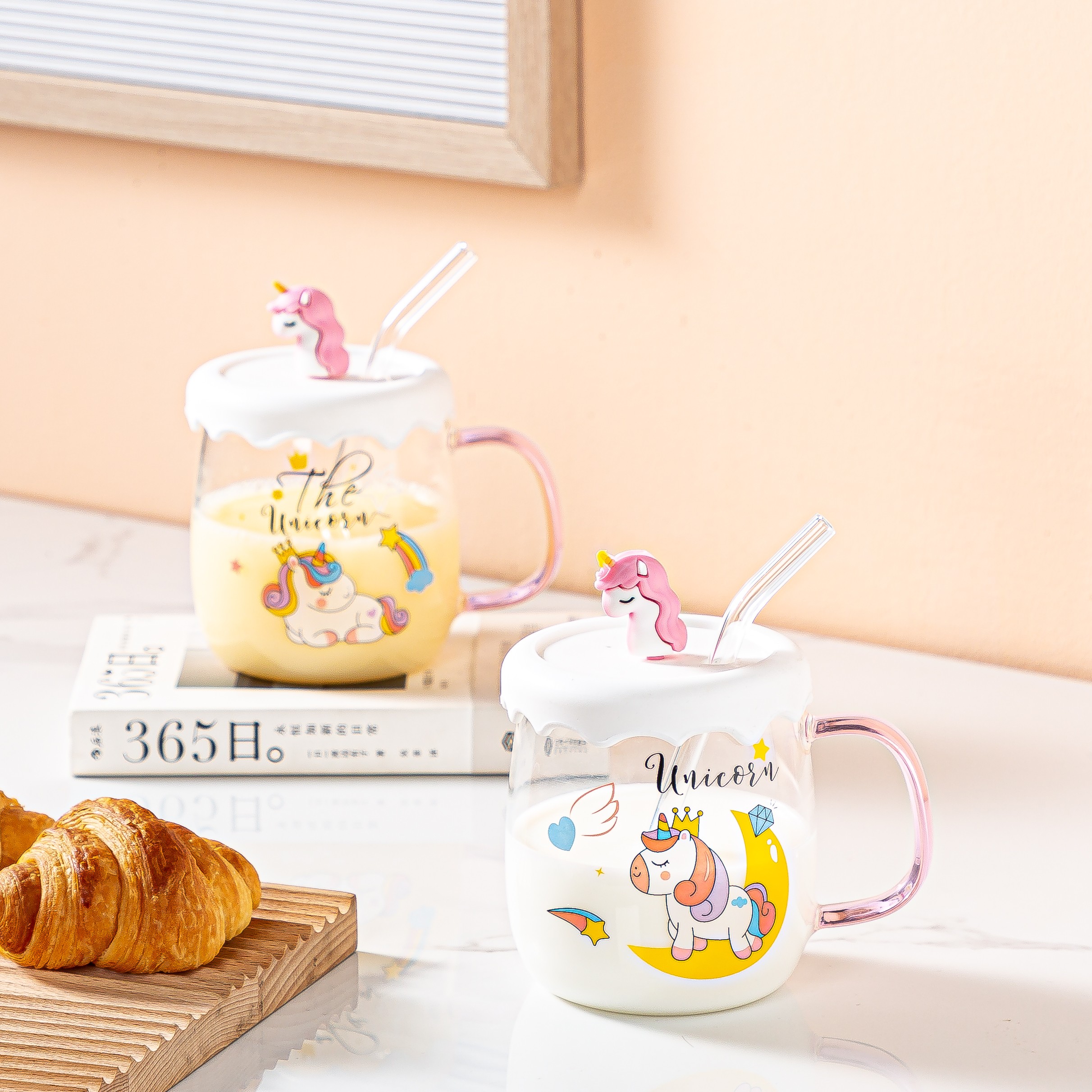 Creative cartoon cute glass cup, ins fresh and clean unicorn transparent water cup with straw, home breakfast cup, Zhuoqia 033 detail image 5