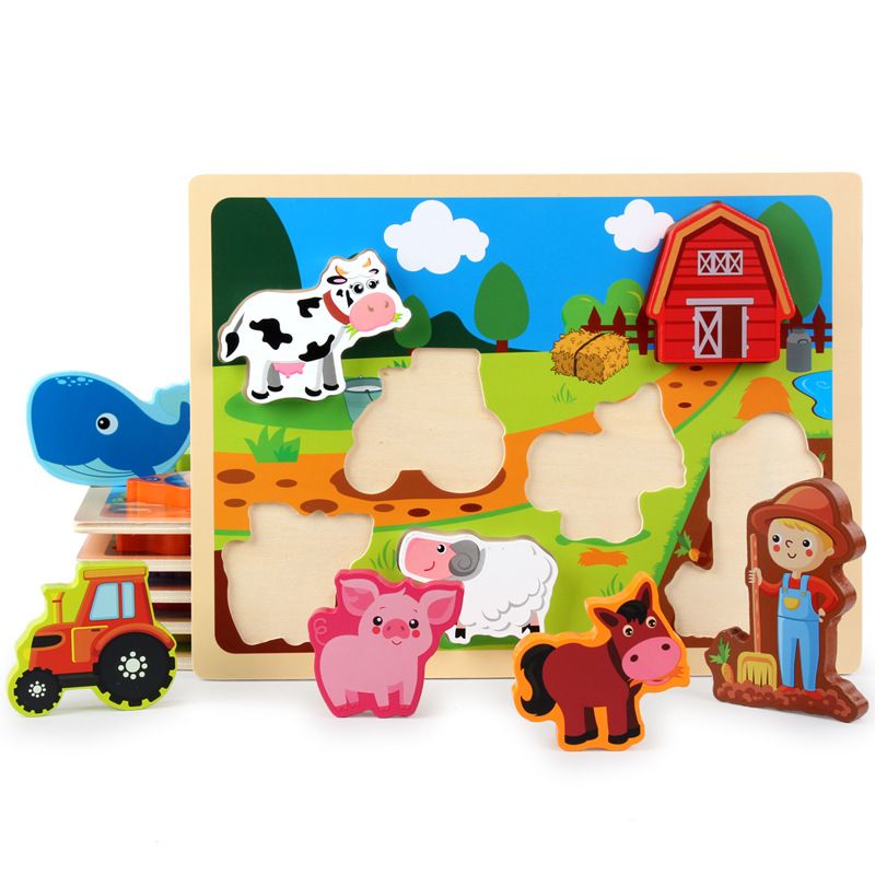 Large-sized children's wooden three-dimensional animal jigsaw puzzle board, wooden beneficial intelligence baby early education building block toy 0.4